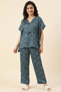 Zivame Satin Kaftan Loungewear Set - Sagebrush Green — thumbnail 1